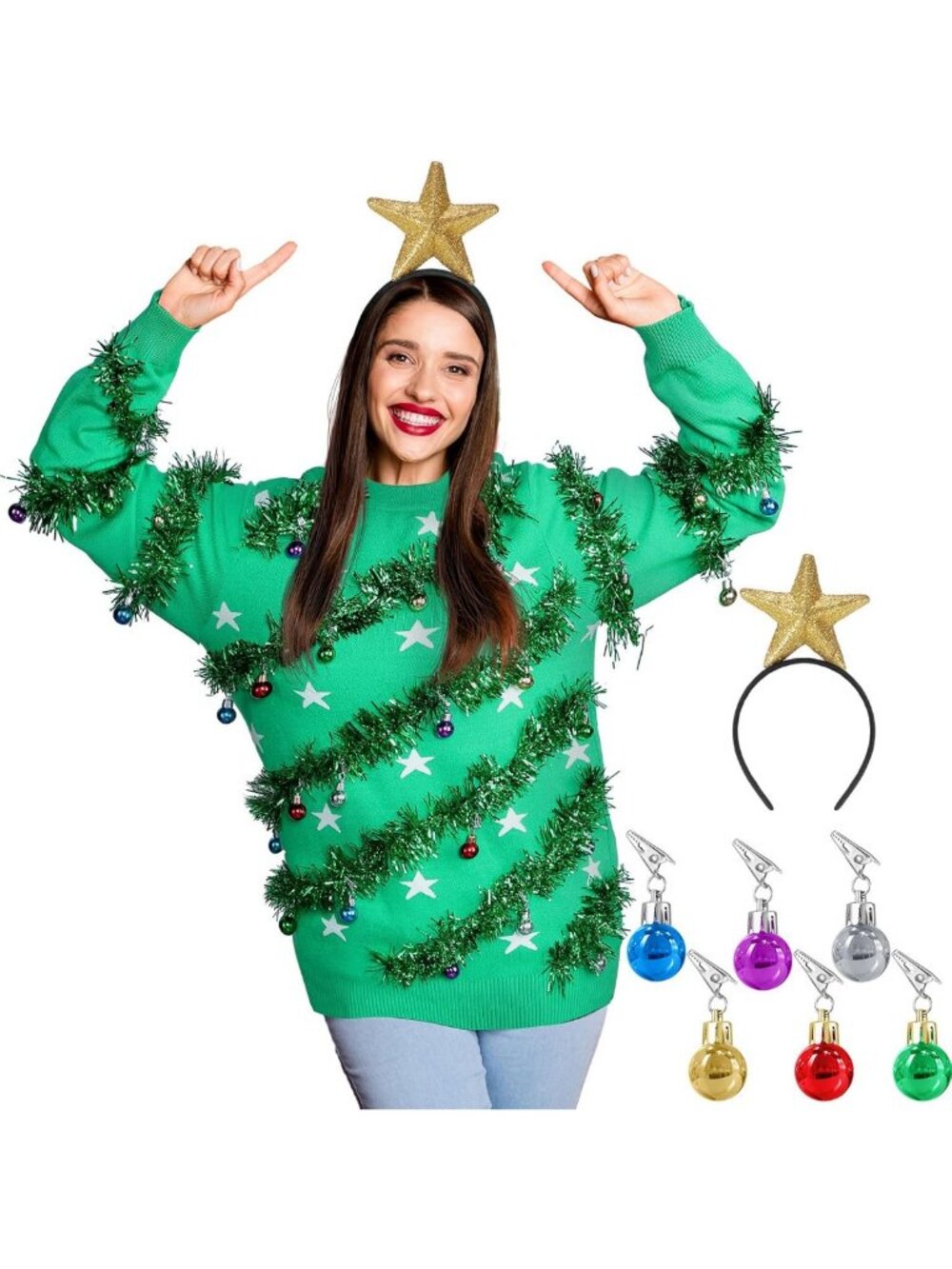 38 Pcs Festive Ugly Christmas Sweater Set for Women with Fun Ornaments